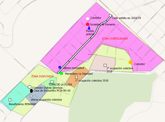 Zonas del barrio,
actores y últimas ocupaciones colectivas. NG, Mar del Plata