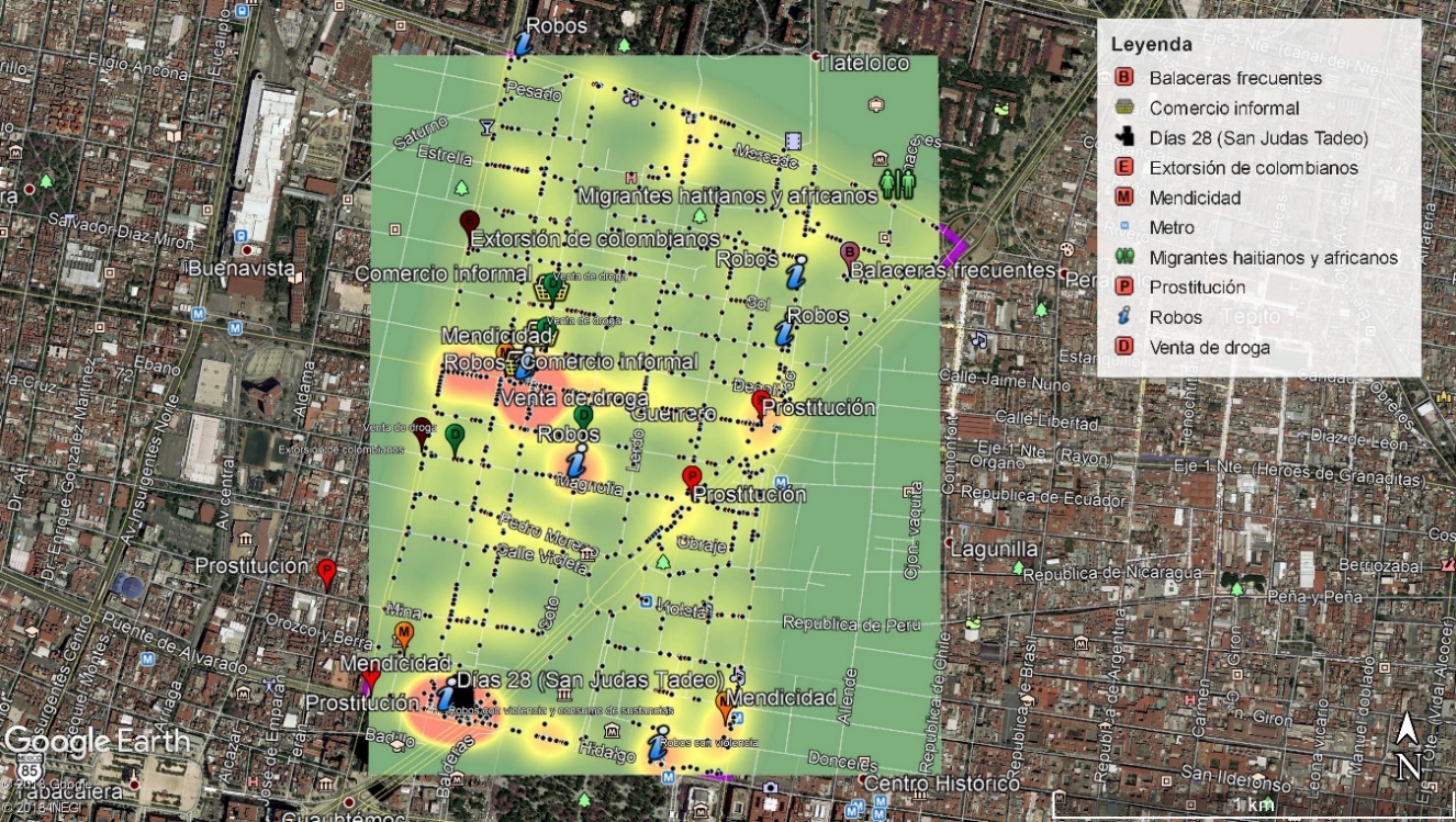 Sitios relacionados con la inseguridad objetiva y subjetiva en la
Colonia Guerrero en 2018