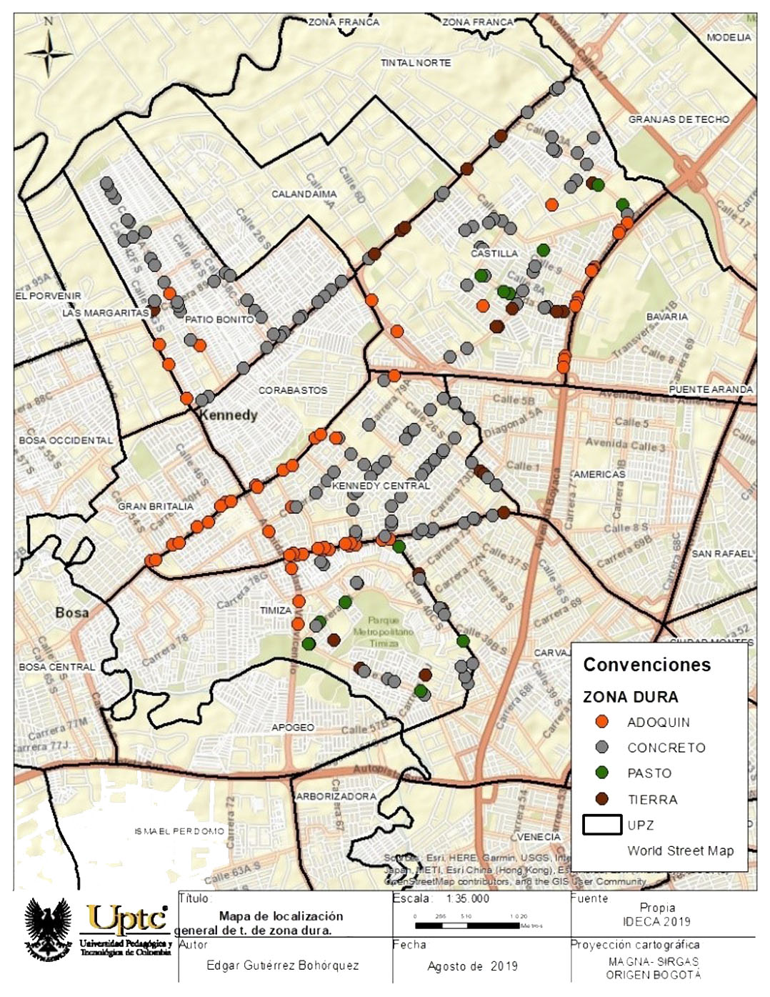 Mapa de localización de tipo de zona dura