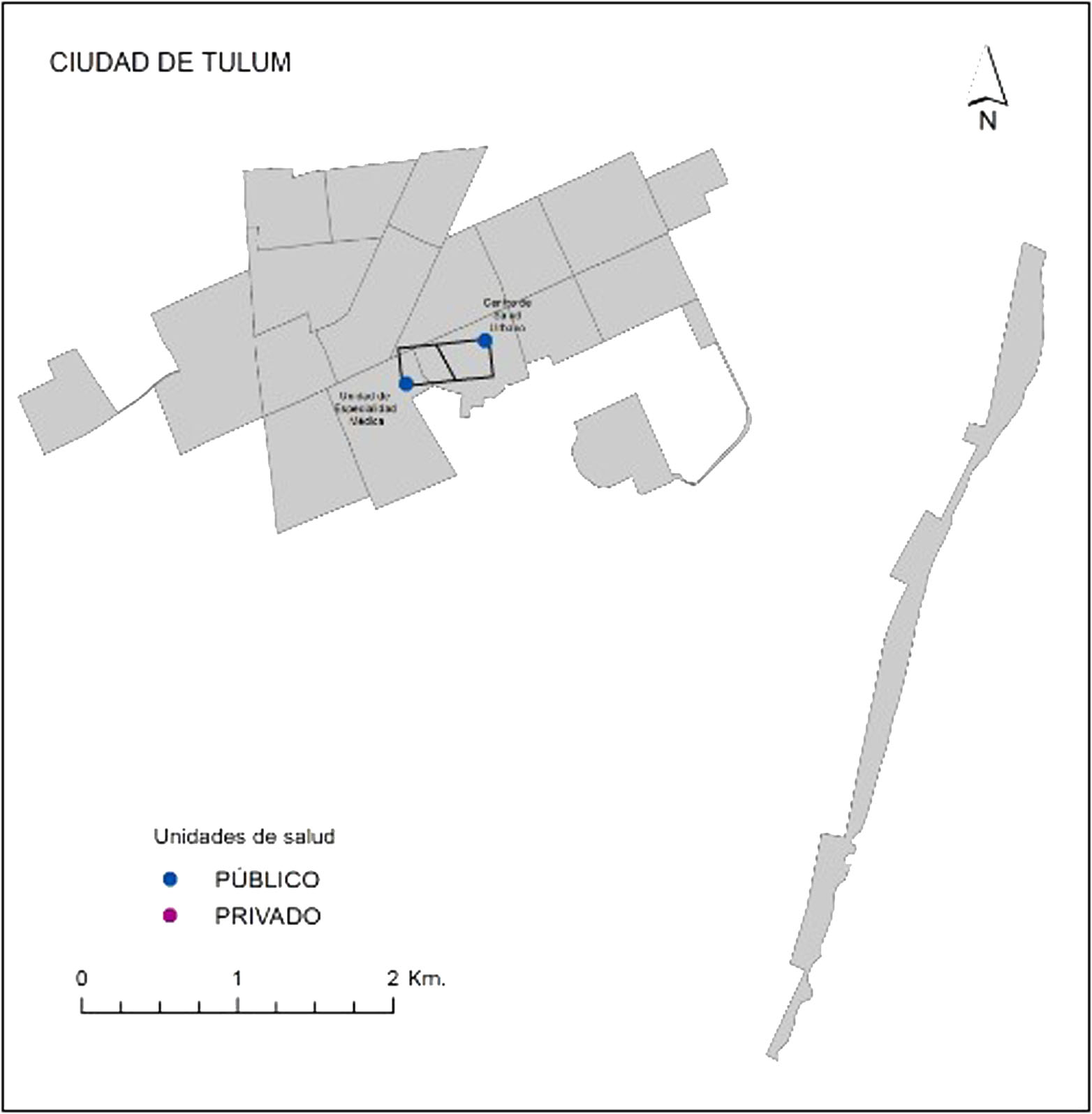 Polígonos Thiessen correspondientes a las unidades de salud de la ciudad de Tulum