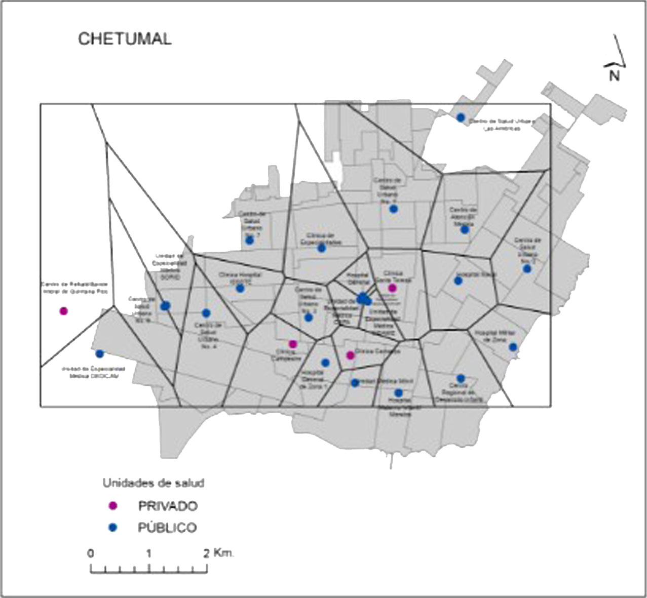 Polígonos Thiessen correspondientes a las unidades de salud de la ciudad de Chetumal