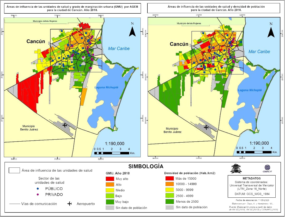 Mapa del área de influencia de las unidades de salud, GMU (2010) y densidad de población para la ciudad de Cancún