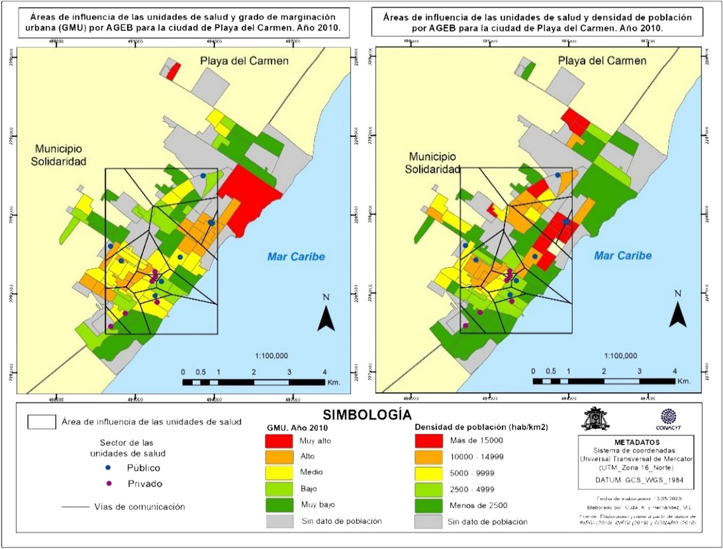 Mapa del área de influencia de las unidades de salud, GMU (2010) y densidad de población para la ciudad de Playa del Carmen