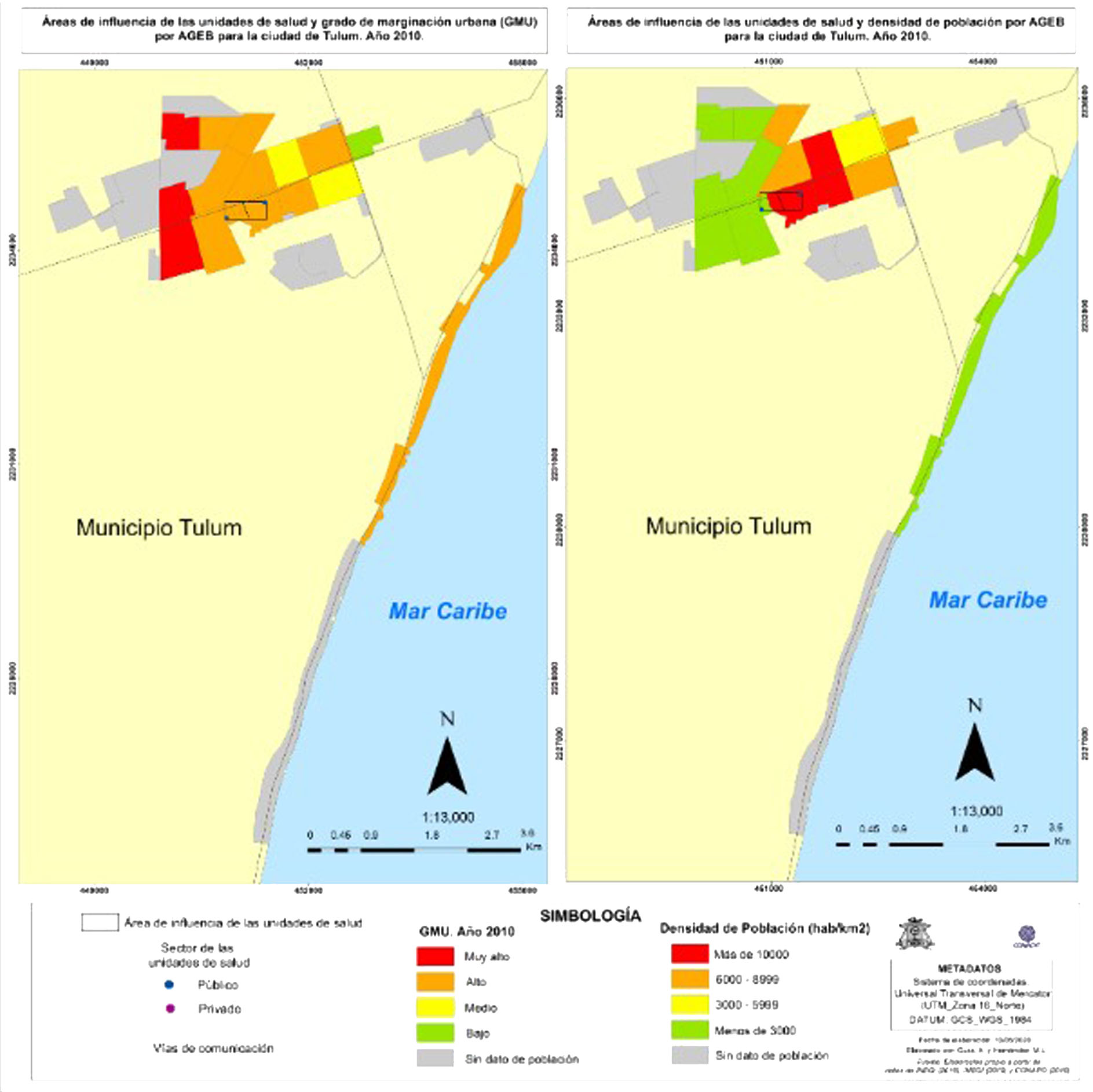 Mapa del área de influencia de las unidades de salud, GMU (2010) y densidad de población para la ciudad de Tulum