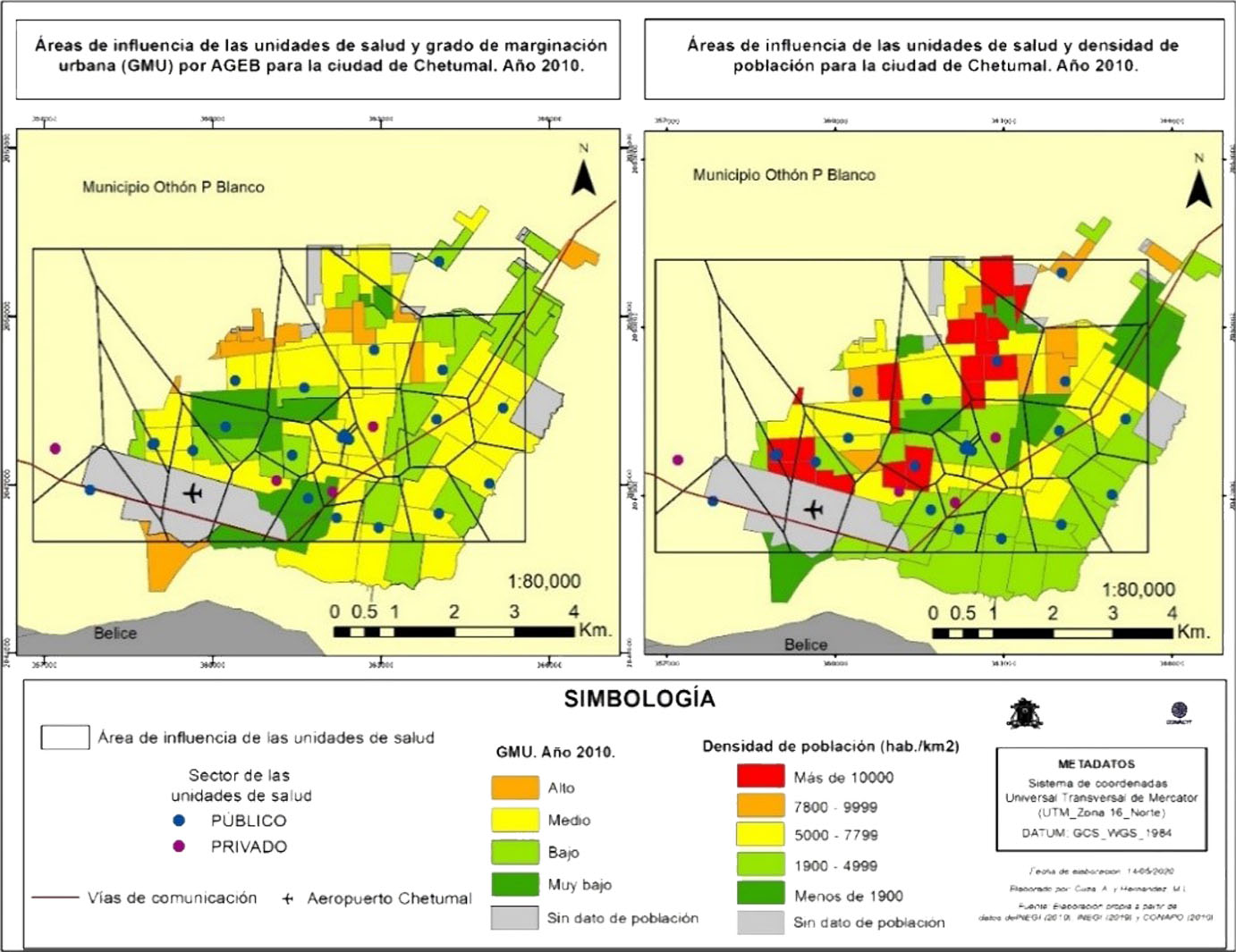 Mapa del área de influencia de las unidades de salud, GMU (2010) y densidad de población para la ciudad de Chetumal