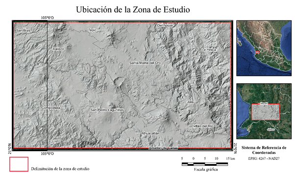 Modelo de elevación sombreado del área en estudio localizada en el estado de Nayarit, México, abarcando los municipios de San Blas, Xalisco, Compostela, Tepic, San Pedro Lagunillas, Ahuacatlán, Amatlán de Cañas, Ixtlán del Río, Santa María del Oro, La Yesca y Del Nayar