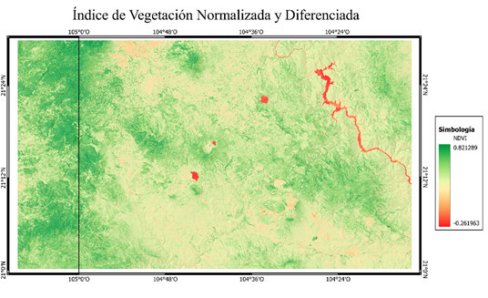 Mapa de NDVI en la zona de estudio. Los valores cercanos a 1, es decir, las tonalidades verdes, indican presencia de vegetación sana y en abundancia, mientras que en tonos amarillos y naranjas sugiere vegetación escasa o en mal estado. Los cuerpos en color rojo del mapa representan masas de agua