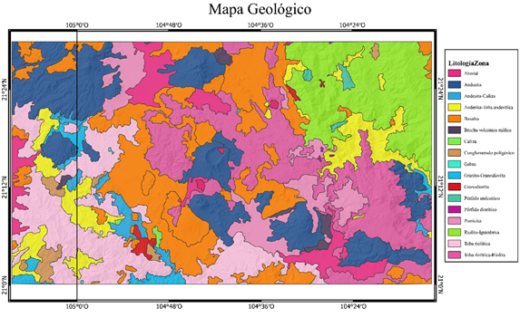 Mapa geológico de la zona de estudio modelado con información topográfica. Se muestra la distribución de la litología presente en el área de estudio. En dicha litología predominan las rocas ígneas de carácter extrusivo