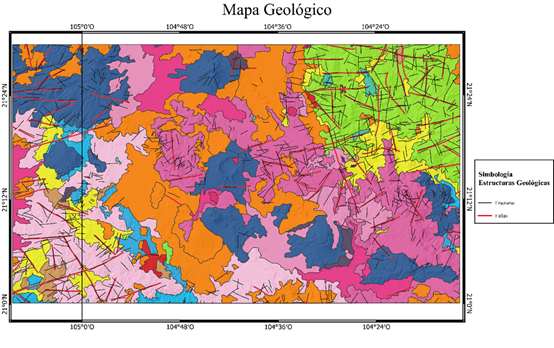 Mapa geológico con información estructural. Se muestra la presencia de los sistemas de fallas y fracturas en el área de estudio con una orienta ción relativamente predominante Este-Oeste