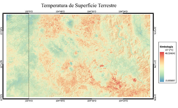 Se muestra la temperatura de superficie de la zona de estudio variando desde los 15°C y alcanzando los 48°C. La zonas con tonalidades rojas (alta LST) son las de interés