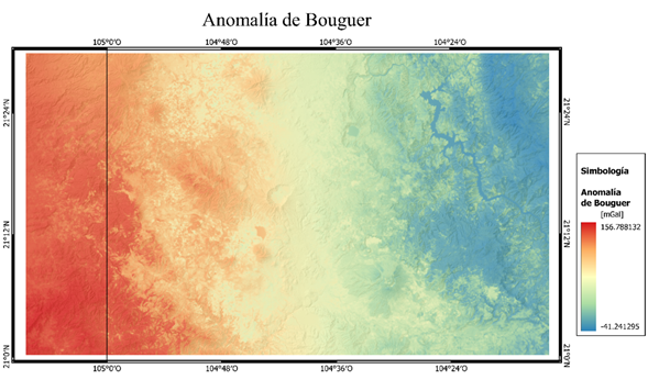 Se muestra un mapa con los valores de anomalía de Bouguer indicando en tonalidades azules deficiencias de masa, es decir, densidades del subsuelo bajas, y en tonalidades rojas excesos de masa que representan densidades del subsuelo altas