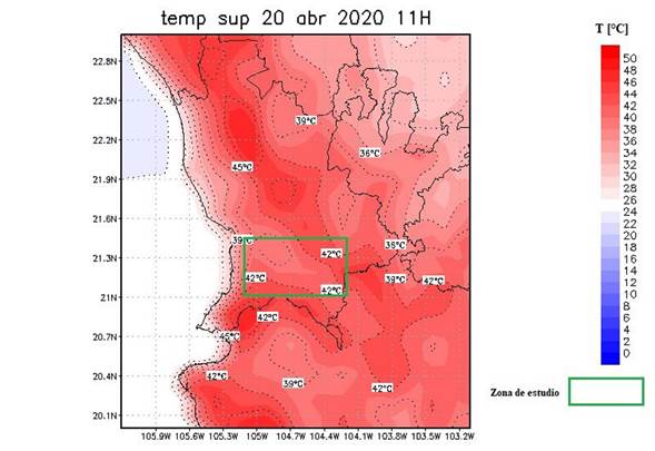 Mapa de temperatura de superficie de la NOAA para las 1100 horas del 20 de abril de 2020 generado por el sistema North American Mesoscale Forecast System NAM