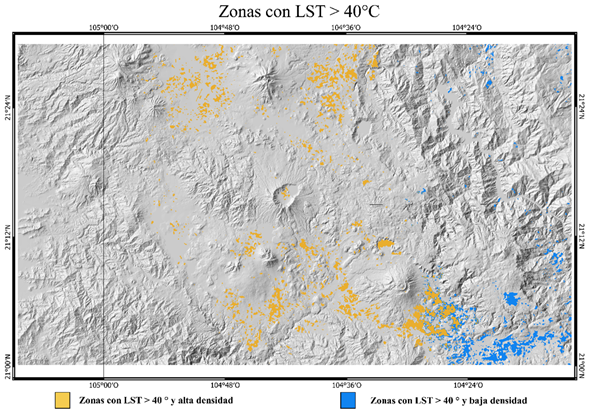 Mapa de zonas con valores de LST igual o mayor a 40 °C Se observa que las altas densidades se relacionan más con las altas temperaturas en comparación con las bajas densidades