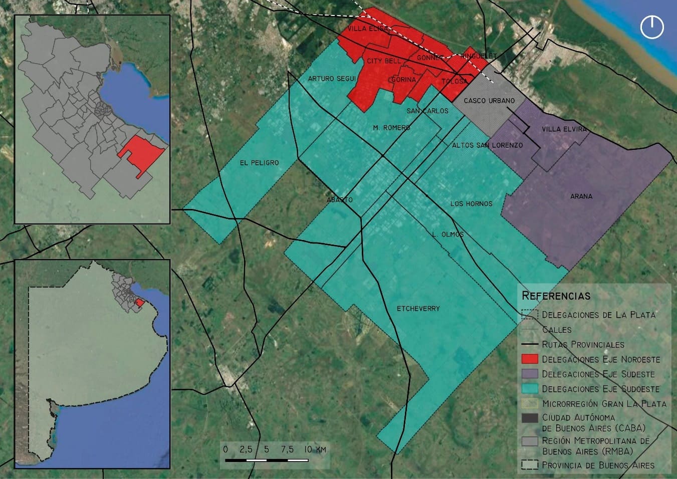 Ubicación del Partido de La Plata en la Provincia de Buenos Aires y ejes de expansión urbana residencial