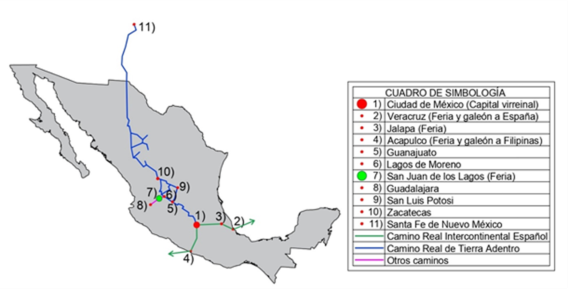 Mapa de México señalando ciudades y caminos virreinales