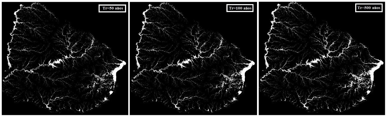 Salidas de la modelación SSBN Global Flood Hazard de inundaciones, para períodos de retorno de 50, 100 y 500 años (basado en Banco Mundial y Oxford Analytics, 2019)