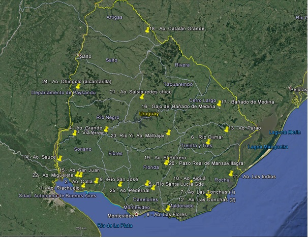Localización de las obras seleccionadas en conjunto con la Gerencia de Estudios y Proyectos (DNV-MTOP), georreferenciadas sobre mapa de Google Earth