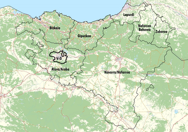 Municipio de Vitoria-Gasteiz (V-G) en las siete provincias del País Vasco histórico