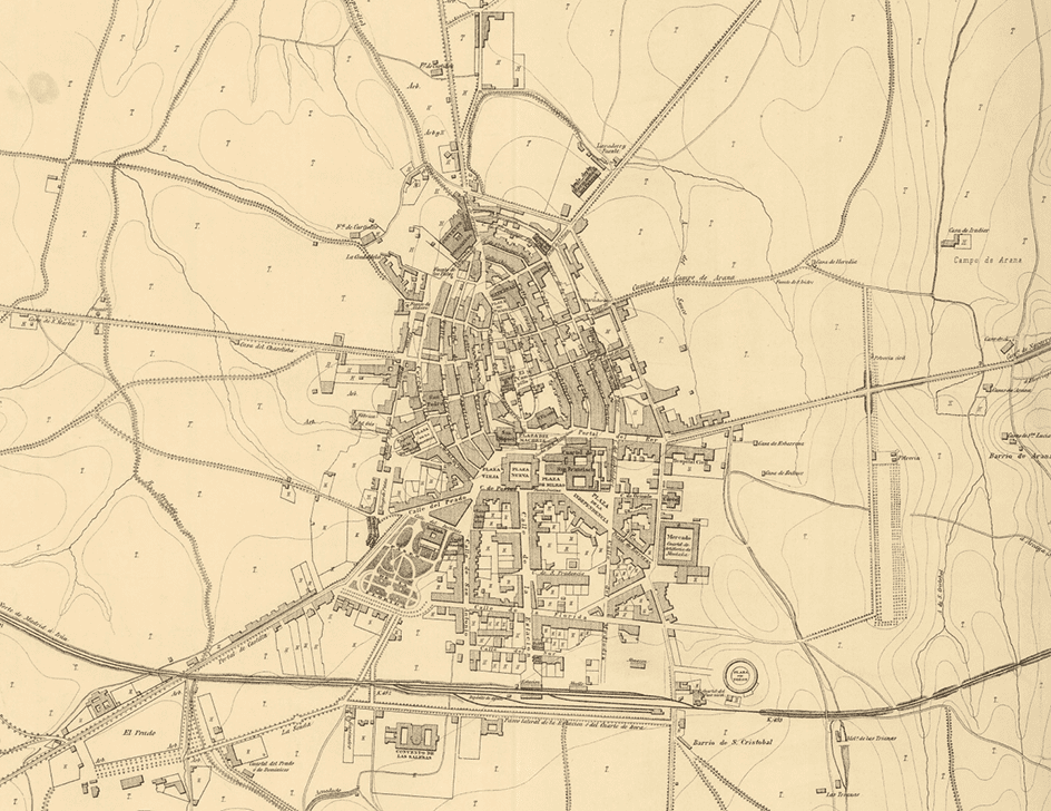 La ciudad de Vitoria en 1886 con su ensanche burgués a medio construir tras la llegada del ferrocarril. Vista parcial de un plano elaborado por el ejército español