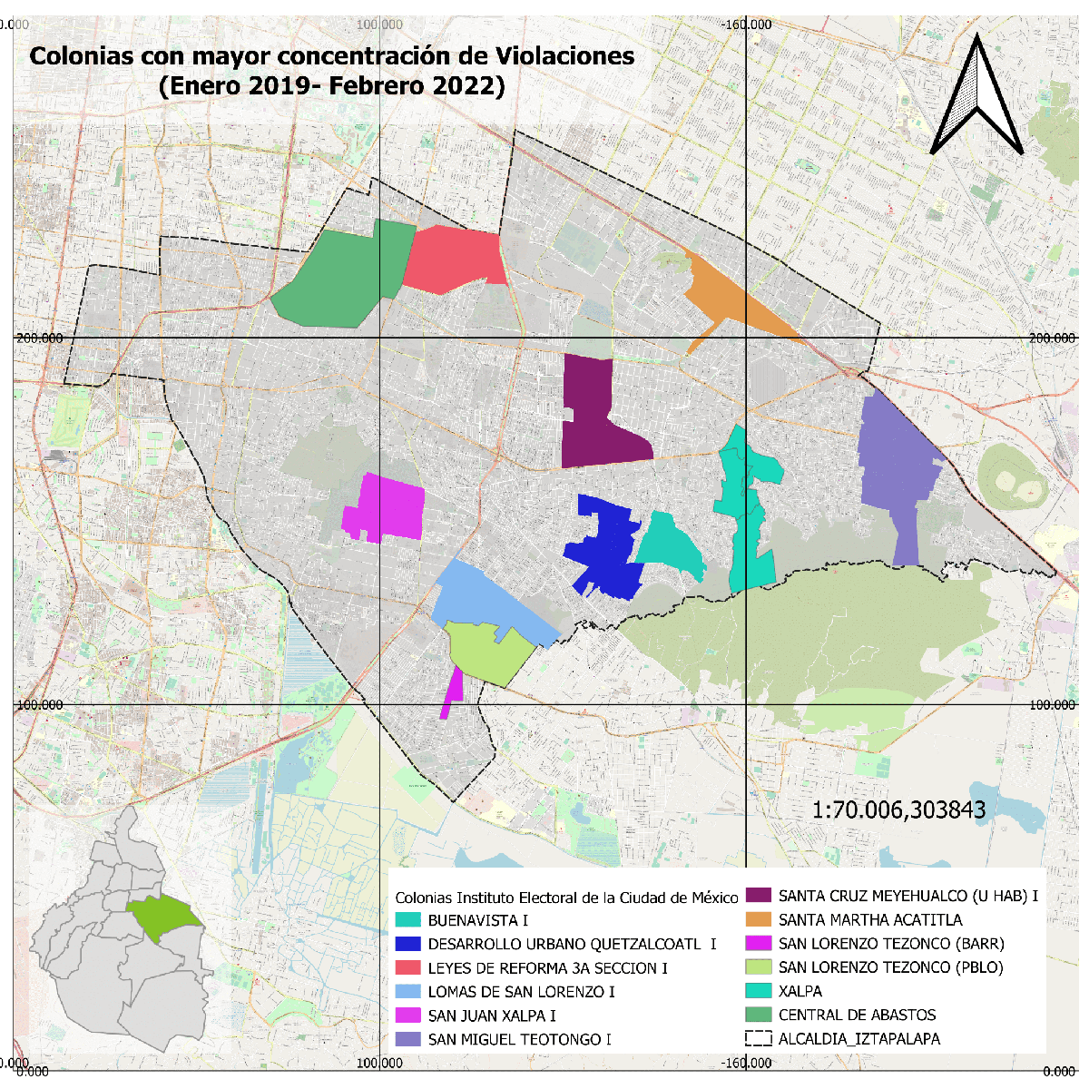 Concentración de delitos de violación por colonia 2019-2022