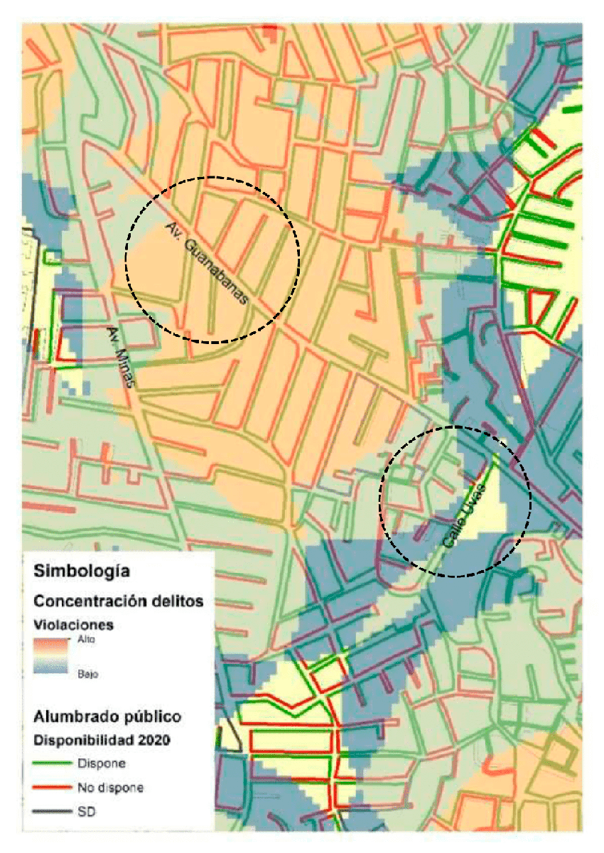 Concentración de delitos de violaciones y cobertura de alumbrado público en vialidades estudiadas