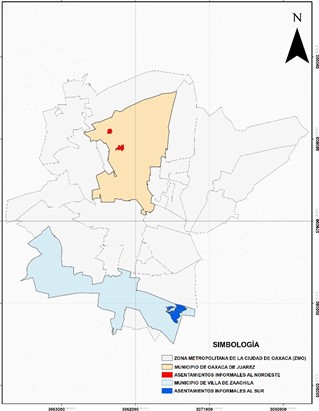 Ubicación de los asentamientos informales ubicados al noroeste y sur de la Zona Metropolitana de la ciudad de Oaxaca-México