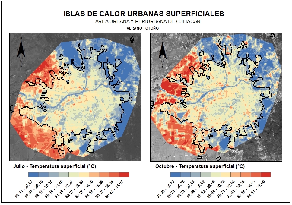 Mapas de islas de calor urbanas superficiales de la ciudad de Culiacán en verano-otoño