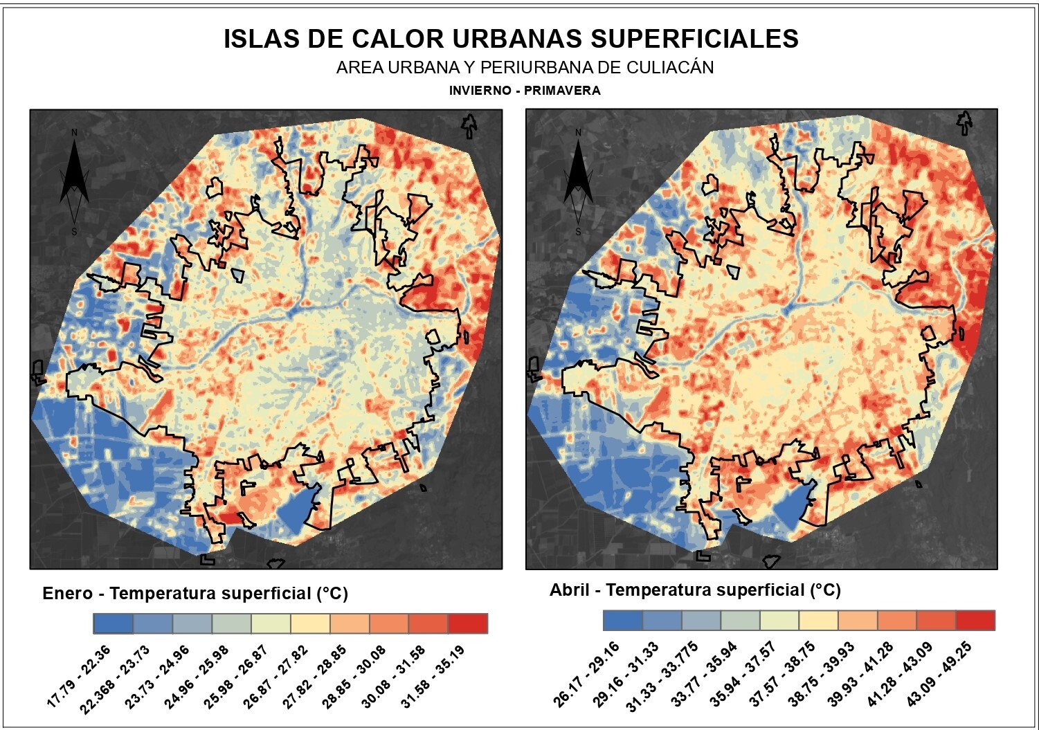 Mapas de islas de calor urbanas superficiales de la ciudad de Culiacán en invierno-primavera