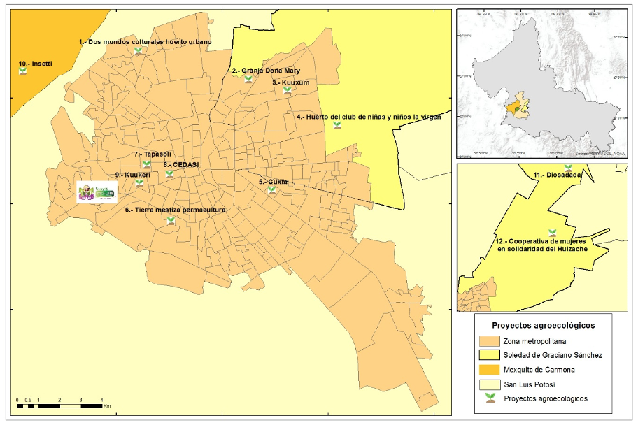 Ubicación geográfica de las experiencias agroecológicas en la zona metropolitana de San Luis Potosí